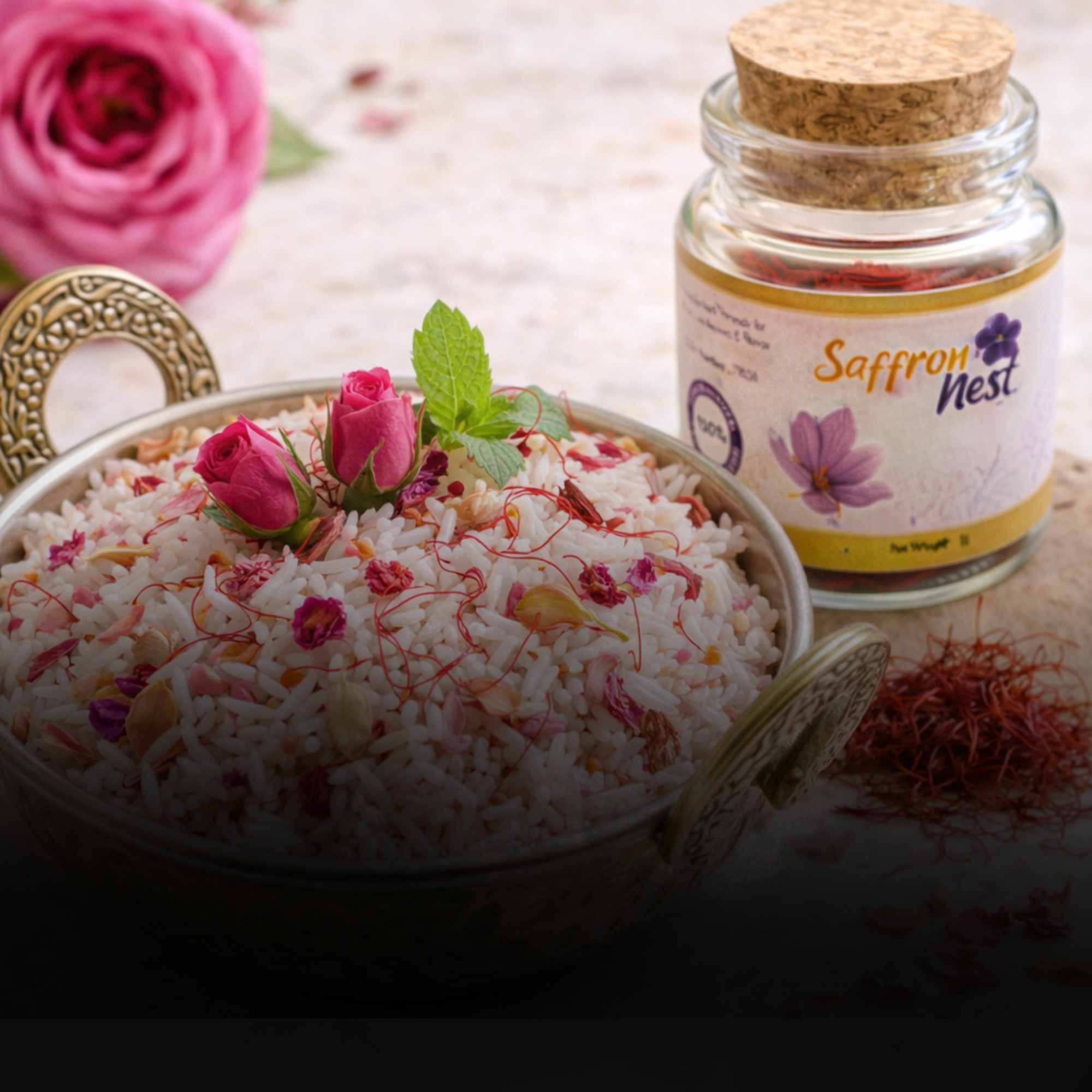 Bowl of rice with saffron and pink flowers next to a jar labeled 'Saffron Nest'.